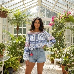 Rococo Sand Sz M 100% Silk Off the Shoulder Embroidered Tassle Waist BOHO Blouse